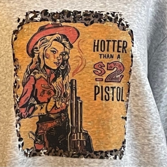 Hotter Than a $2 Pistol Retro Cowgirl Heather Gray Crewneck Sweatshirt - Picture 3 of 9